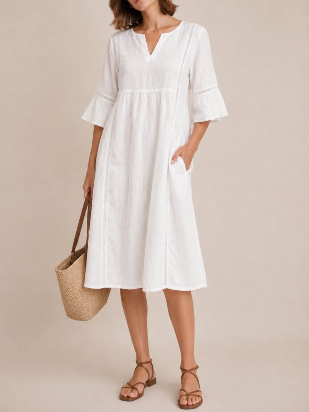 NWT Lintico Flowy White Linen Midi Dress Sz S